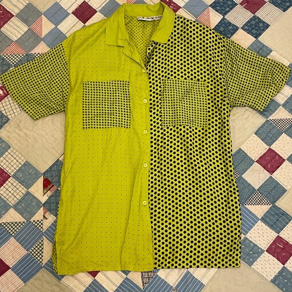 Vintage 1980s 90s Polka Dot Funky Rayon Lime Green Brat Summer Button Up Blouse - Picture 1 of 16